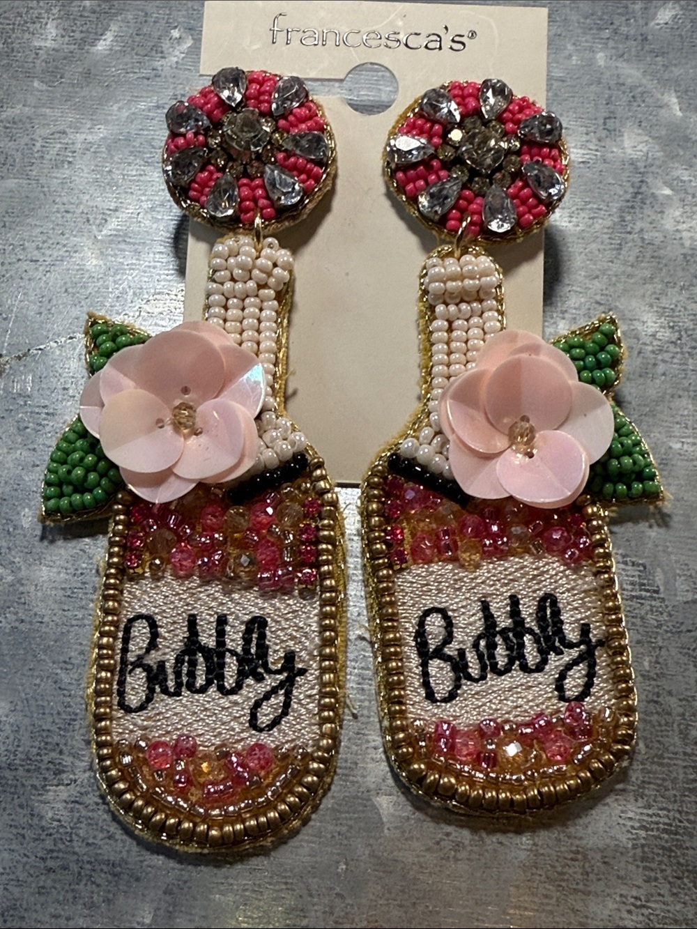 Francesca's Collections Pink Green Gold 'Bubbly' Beaded Bottle Drop Earrings
